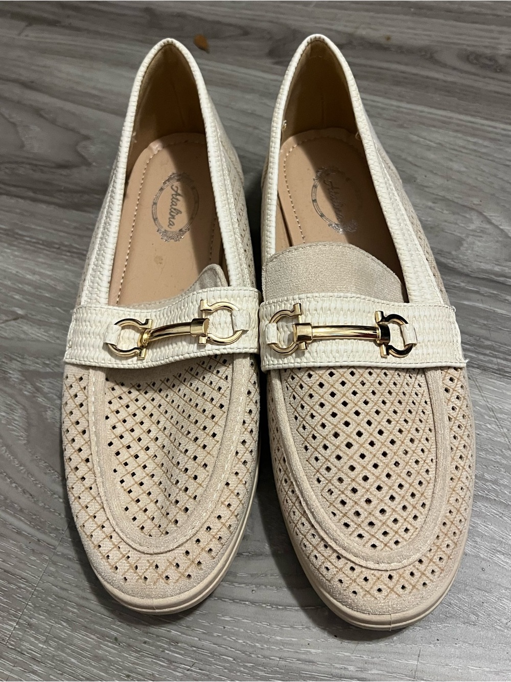 Women's Cream Perforated Atalina Slip-On Loafers with Gold Accent size 8